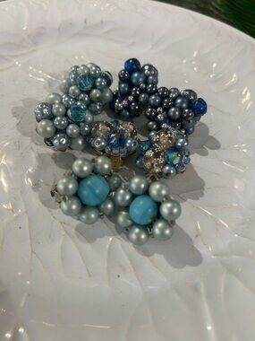 Blue and Silver Cluster Clip-On Earrings Set